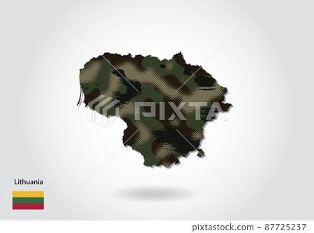 Lithuania map with camouflage pattern, Forest - green texture in map. Military concept for army, soldier and war. coat of arms, flag. 87725237