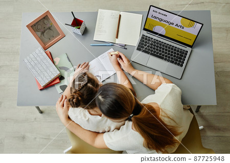 Girl with Down Syndrome Studying with Mom Top View Girl with Down Syndrome Studying with Mom Top View 87725948