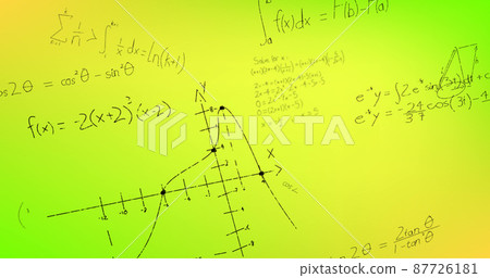 Image of hand written mathematical formulae over yellow background Image of hand written mathematical formulae over yellow background 87726181