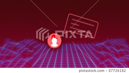 Image of media icon and mountains on red background Image of media icon and mountains on red background 87726182