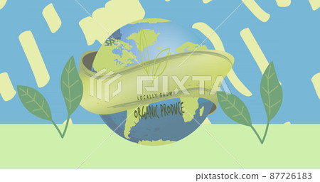 Image of organic produce text over globe and leaves on blue and green background Image of organic produce text over globe and leaves on blue and green background 87726183