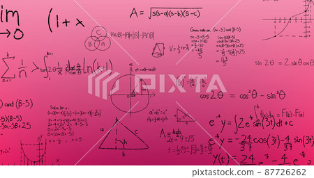 Image of hand written mathematical formulae over pink background Image of hand written mathematical formulae over pink background 87726262