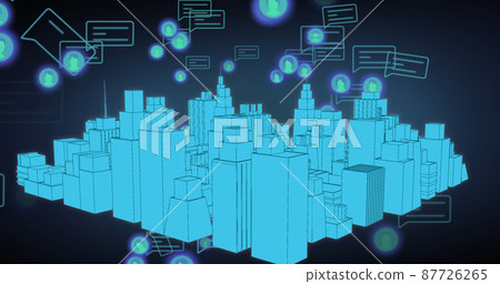 Image of media icons and city on blue background Image of media icons and city on blue background 87726265