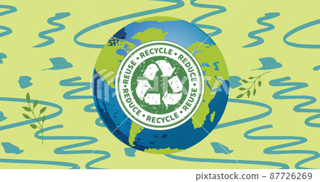 Image of recycling sign and text over globe on blue and green background Image of recycling sign and text over globe on blue and green background 87726269