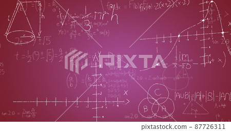 Image of handwritten mathematical formulae over purple background 87726311