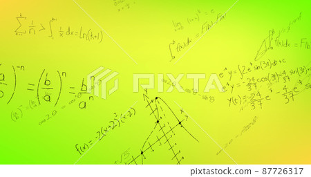 Image of hand written mathematical formulae over yellow background Image of hand written mathematical formulae over yellow background 87726317