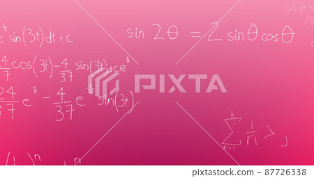 Image of hand written mathematical formulae over pink background Image of hand written mathematical formulae over pink background 87726338