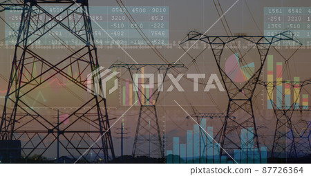 Image of financial data processing over electricity pylons and landscape 87726364