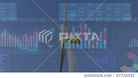 Image of financial data processing over wind turbines and landscape Image of financial data processing over wind turbines and landscape 87726382