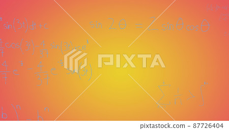 Image of hand written mathematical formulae over yellow to red background Image of hand written mathematical formulae over yellow to red background 87726404