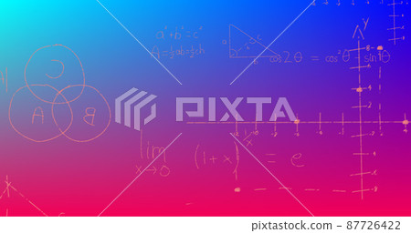 Image of handwritten mathematical formulae over blue to red background Image of handwritten mathematical formulae over blue to red background 87726422