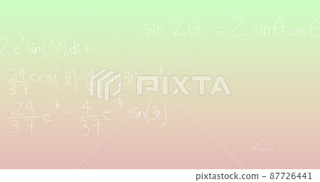 Image of handwritten mathematical formulae over green to pink background 87726441