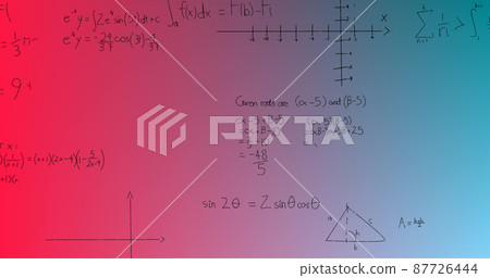 Image of handwritten mathematical formulae over blue to pink background 87726444
