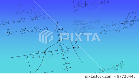 Image of handwritten mathematical formulae over blue background Image of handwritten mathematical formulae over blue background 87726445