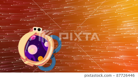 Image of spaceship spinning over glowing spots on orange and red background Image of spaceship spinning over glowing spots on orange and red background 87726446