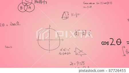 Image of hand written mathematical formulae over pink background Image of hand written mathematical formulae over pink background 87726455