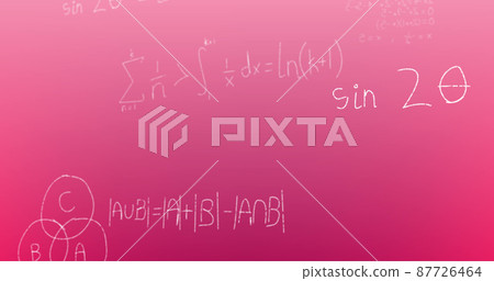 Image of hand written mathematical formulae over pink background 87726464