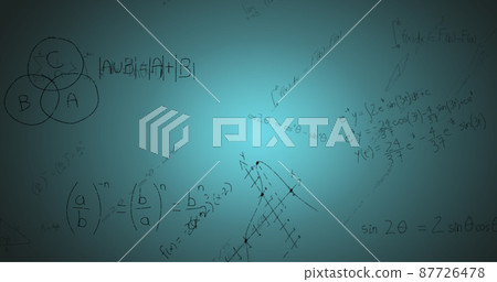 Image of handwritten mathematical formulae over blue background Image of handwritten mathematical formulae over blue background 87726478
