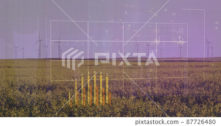 Image of financial data processing over wind turbines and landscape Image of financial data processing over wind turbines and landscape 87726480