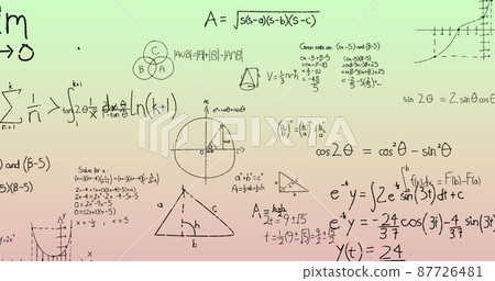 Image of handwritten mathematical formulae over green to pink background Image of handwritten mathematical formulae over green to pink background 87726481