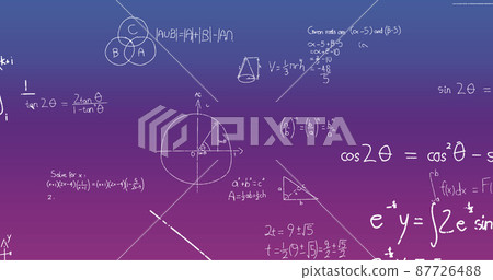 Image of handwritten mathematical formulae over blue to purple background Image of handwritten mathematical formulae over blue to purple background 87726488