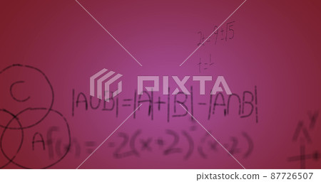 Image of hand written mathematical formulae over pink background Image of hand written mathematical formulae over pink background 87726507