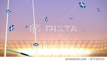 Image of rugby balls coloured with flag of scotland at stadium Image of rugby balls coloured with flag of scotland at stadium 87726523