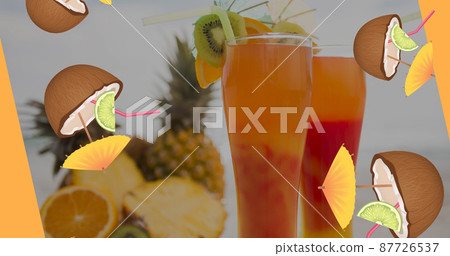 Image of coconuts with cocktail umbrellas falling over multiple cocktails in background Image of coconuts with cocktail umbrellas falling over multiple cocktails in background 87726537