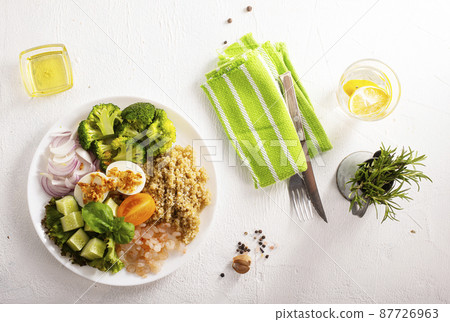 Salad with Prawns and Eggs with vegetables on plate Salad with Prawns and Eggs with vegetables on plate 87726963