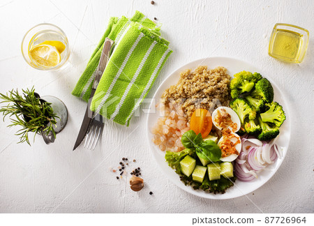 Salad with Prawns and Eggs with vegetables on plate Salad with Prawns and Eggs with vegetables on plate 87726964