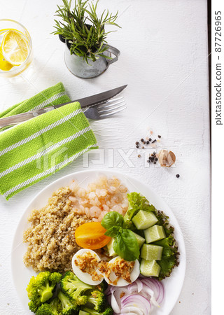 Salad with Prawns and Eggs with vegetables on plate Salad with Prawns and Eggs with vegetables on plate 87726965