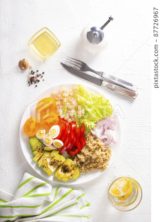 Shrimp salad with avocado, tomatoes and quail eggs. diet food Shrimp salad with avocado, tomatoes and quail eggs. diet food 87726967