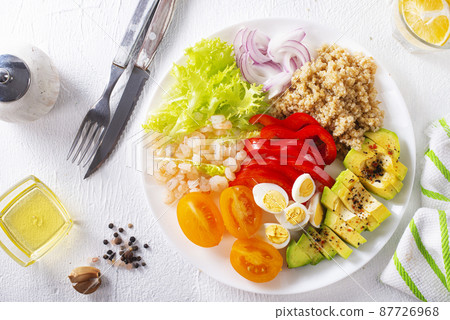 Shrimp salad with avocado, tomatoes and quail eggs. diet food Shrimp salad with avocado, tomatoes and quail eggs. diet food 87726968