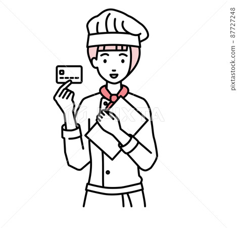 一個廚師女人站著,拿著文件和卡片 一個廚師女人站著,拿著文件和卡片 87727248