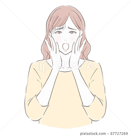 A woman in plain clothes who puts her hands on her cheeks and is shocked and screams A woman in plain clothes who puts her hands on her cheeks and is shocked and screams 87727269