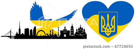 Panorama of Kiev with a flying pigeon in the national colors. Panorama of Kiev with a flying pigeon in the national colors. 87728650