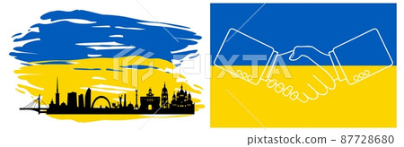 A handshake and a panorama of Kiev with the Ukrainian flag in the background. 87728680