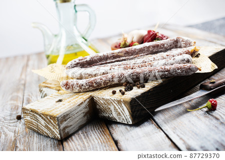Traditional white salami sausage, sliced salami isolated on white background. Whole dry salami sausage stick. 87729370
