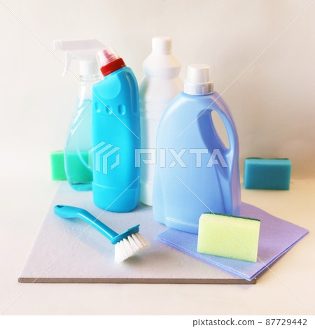 Liquid detergents in plastic bottles, home cleaning products on the table, light background, the concept of cleaning, order, cleanliness, home delivery Liquid detergents in plastic bottles, home cleaning products on the table, light background, the concept of cleaning, order, cleanliness, home delivery 87729442