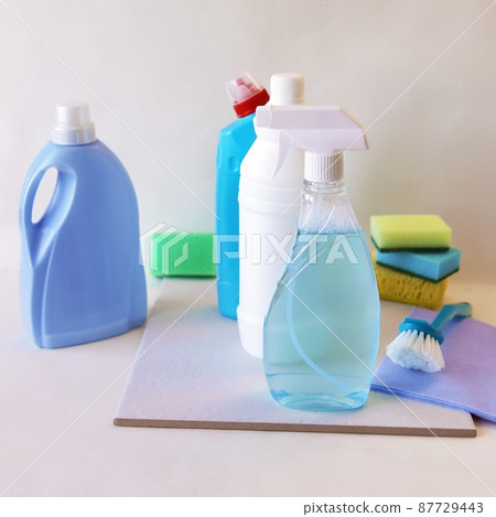 Liquid detergents in plastic bottles, home cleaning products on the table, light background, the concept of cleaning, order, cleanliness, home delivery Liquid detergents in plastic bottles, home cleaning products on the table, light background, the concept of cleaning, order, cleanliness, home delivery 87729443