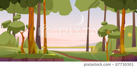 Cartoon nature landscape, summer morning forest Cartoon nature landscape, summer morning forest 87730301