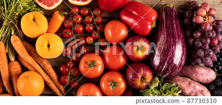 Panoramic shot of various fruits and vegetables on table 87730310