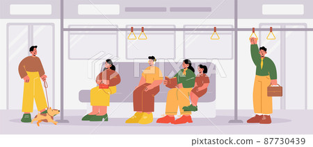 People at subway train car interior, passengers 87730439