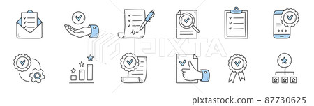 Quality control, product guarantee icons 87730625