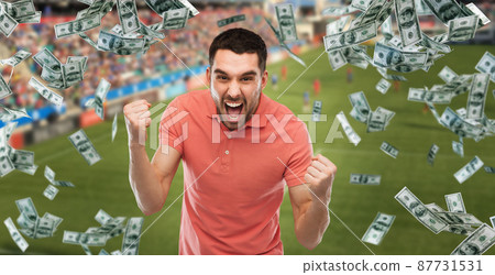happy man with over money rain on football field happy man with over money rain on football field 87731531