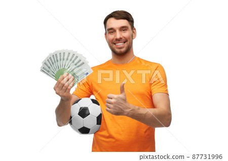 happy football fan with soccer ball and money happy football fan with soccer ball and money 87731996