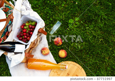food, drinks and basket on picnic blanket on grass food, drinks and basket on picnic blanket on grass 87731997