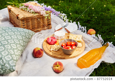 food, drinks and basket on picnic blanket on grass food, drinks and basket on picnic blanket on grass 87732014