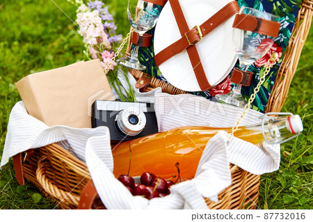 juice, cherry, book and camera in picnic basket 87732016