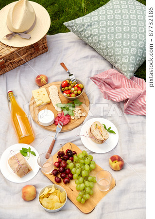 food, drinks and picnic basket on blanket on grass food, drinks and picnic basket on blanket on grass 87732186